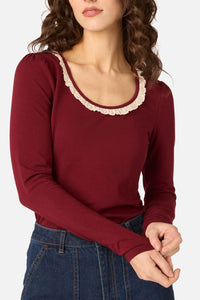 Princess Highway - Ada Long Sleeve Lace Trim Top - red-plum