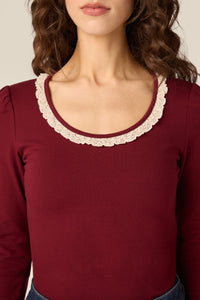 Princess Highway - Ada Long Sleeve Lace Trim Top - red-plum