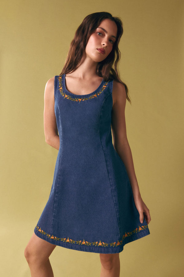 Princess Highway - Marie Embroidered Denim Dress - blue-denim