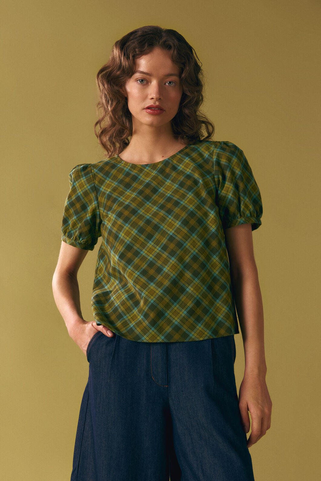Princess Highway - Edwina Check Puff Sleeve Top - green