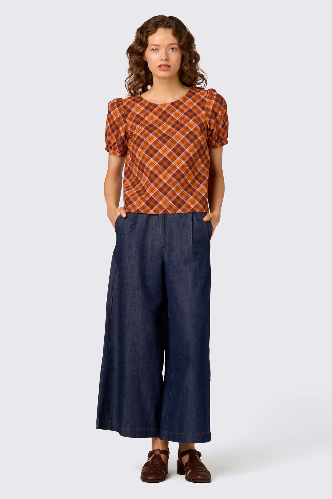 Princess Highway - Edwina Check Puff Sleeve Top - chocolate