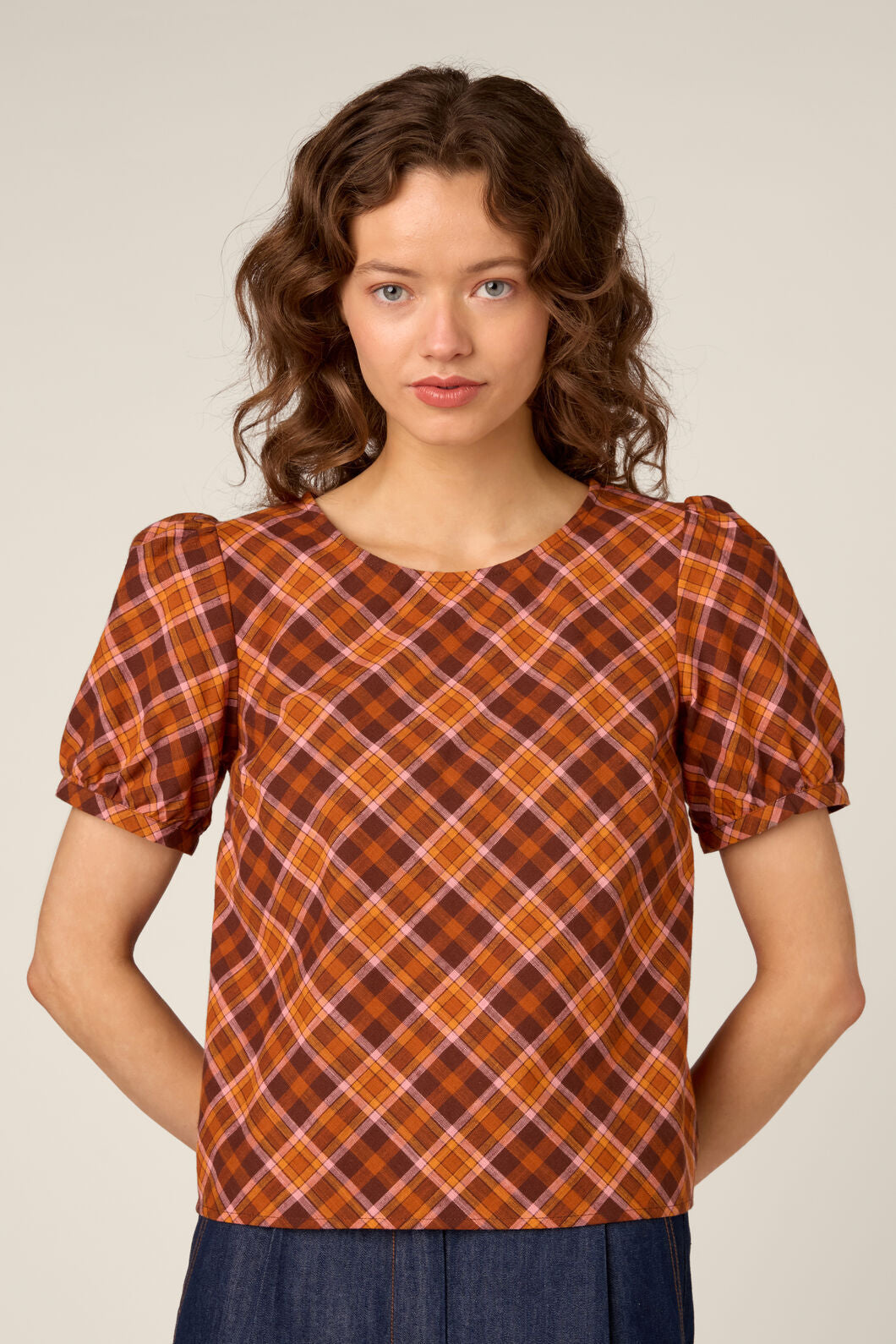Princess Highway - Edwina Check Puff Sleeve Top - chocolate