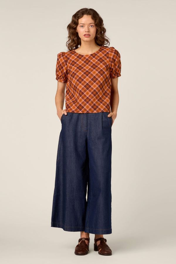 Princess Highway - Edwina Check Puff Sleeve Top - chocolate