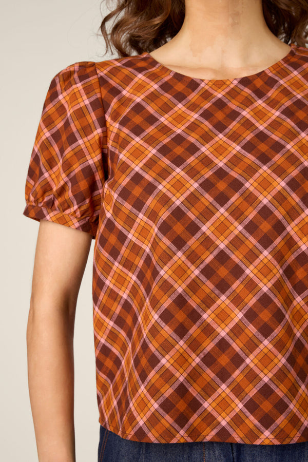 Princess Highway - Edwina Check Puff Sleeve Top - chocolate