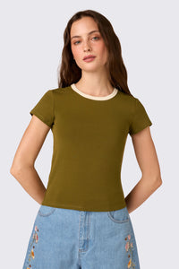 Princess Highway - Jodie Contrast Bind Ringer Tee - olive