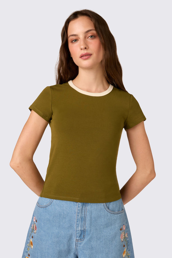 Princess Highway - Jodie Contrast Bind Ringer Tee - olive