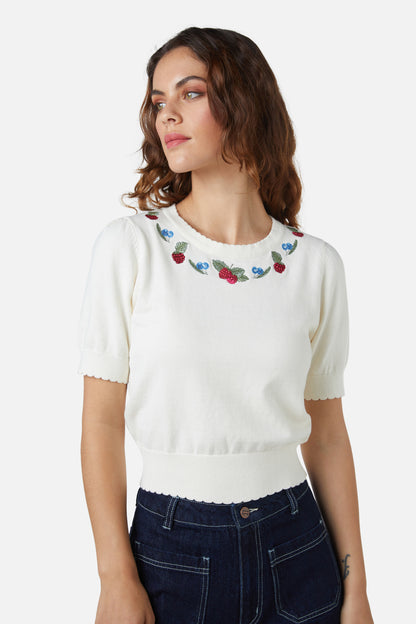 Princess Highway - Berry Sweet Emb Knit Top - cream