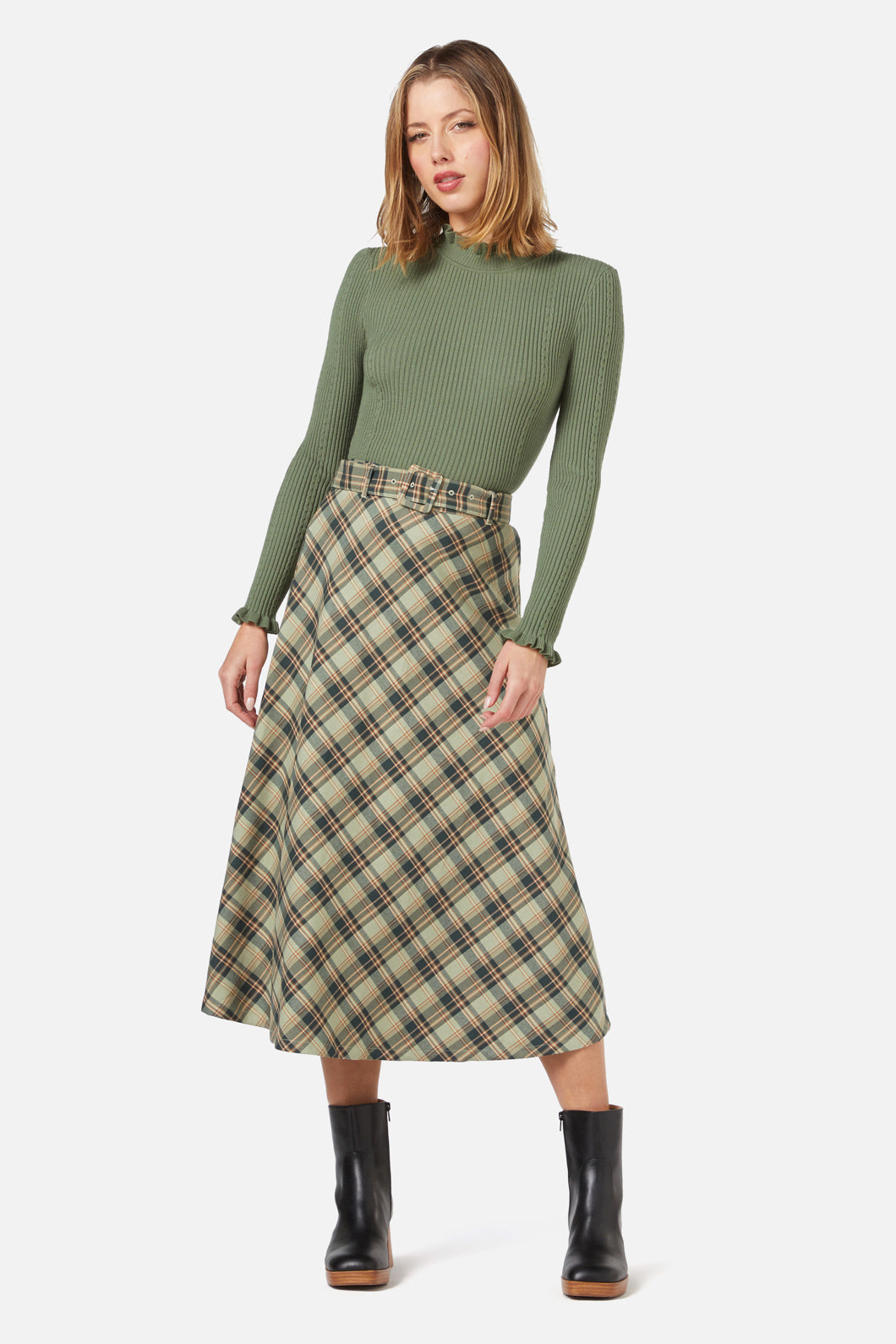 Green plaid midi skirt hotsell