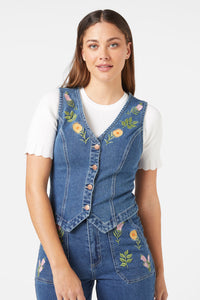 Princess Highway - Flower Mix Emb Vest - mid-denim