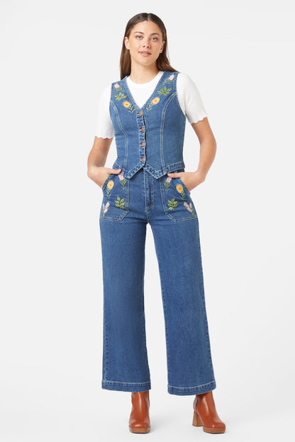 Princess Highway - Flower Mix Emb Vest - mid-denim
