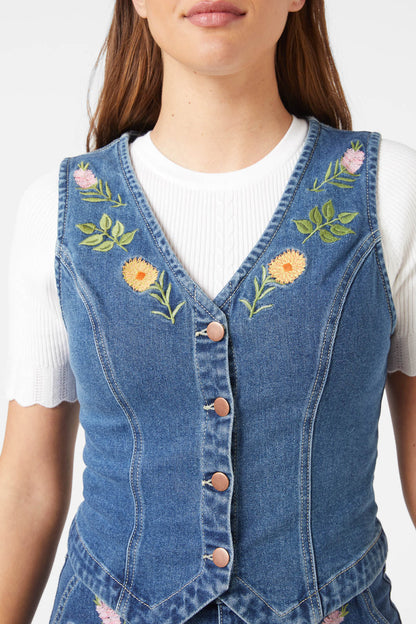 Princess Highway - Flower Mix Emb Vest - mid-denim