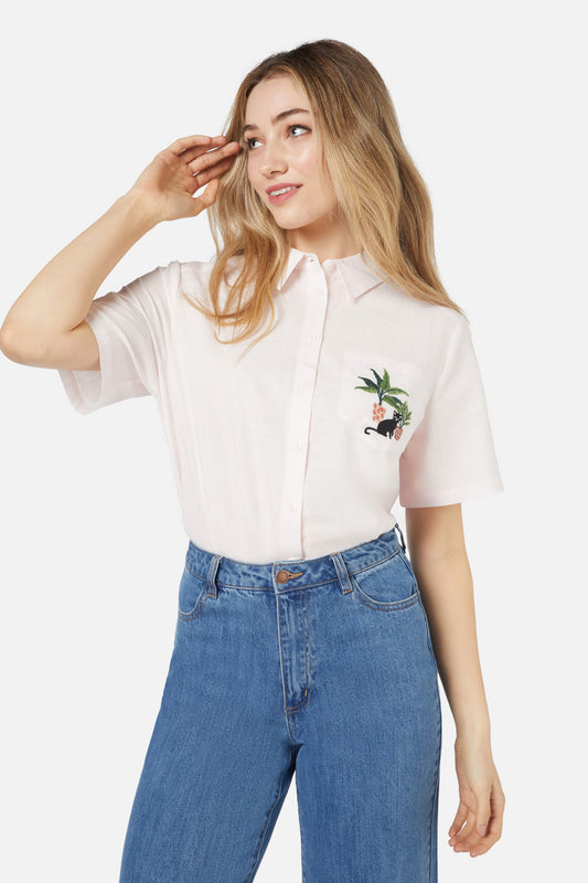 Princess Highway - Cat & Plants Shirt - soft-pink
