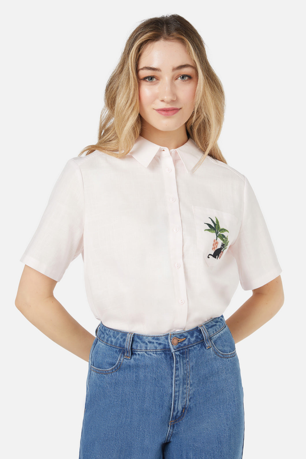 Princess Highway - Cat & Plants Shirt - soft-pink