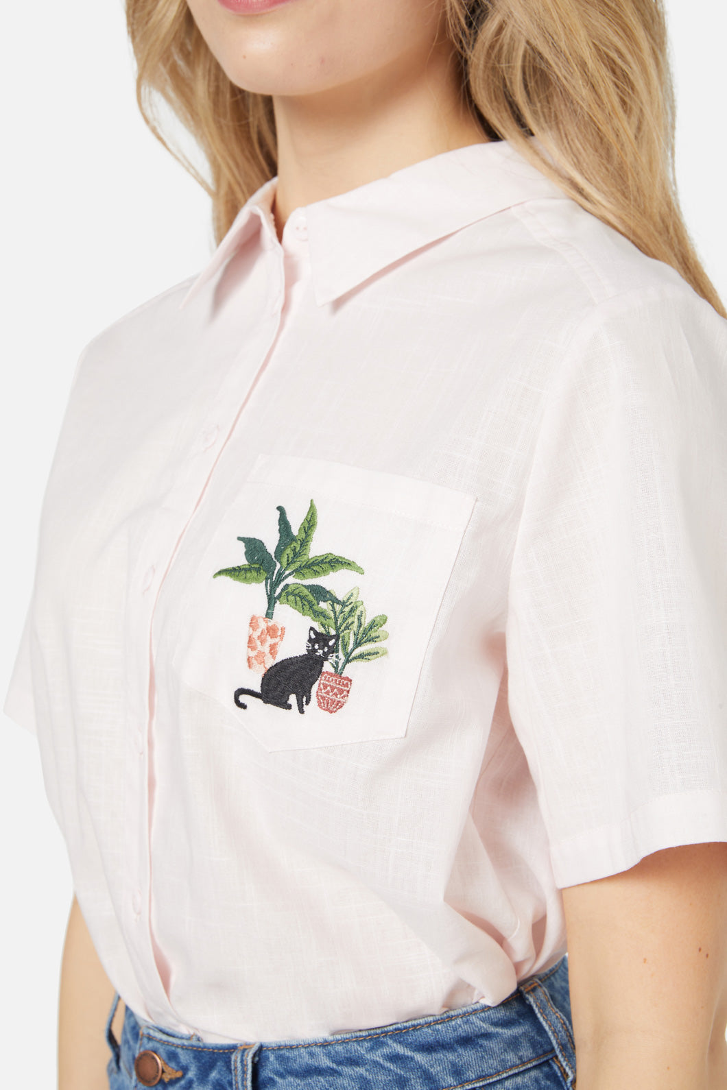 Princess Highway - Cat & Plants Shirt - soft-pink