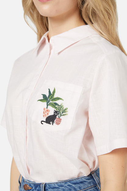 Princess Highway - Cat & Plants Shirt - soft-pink