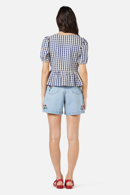 Princess Highway - Greta Check Ruffle Top - navy