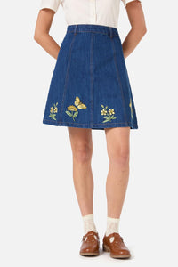 Princess Highway - Butterfly Embroidered Skirt - blue-denim