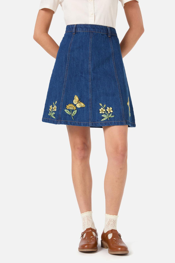 Princess Highway - Butterfly Embroidered Skirt - blue-denim
