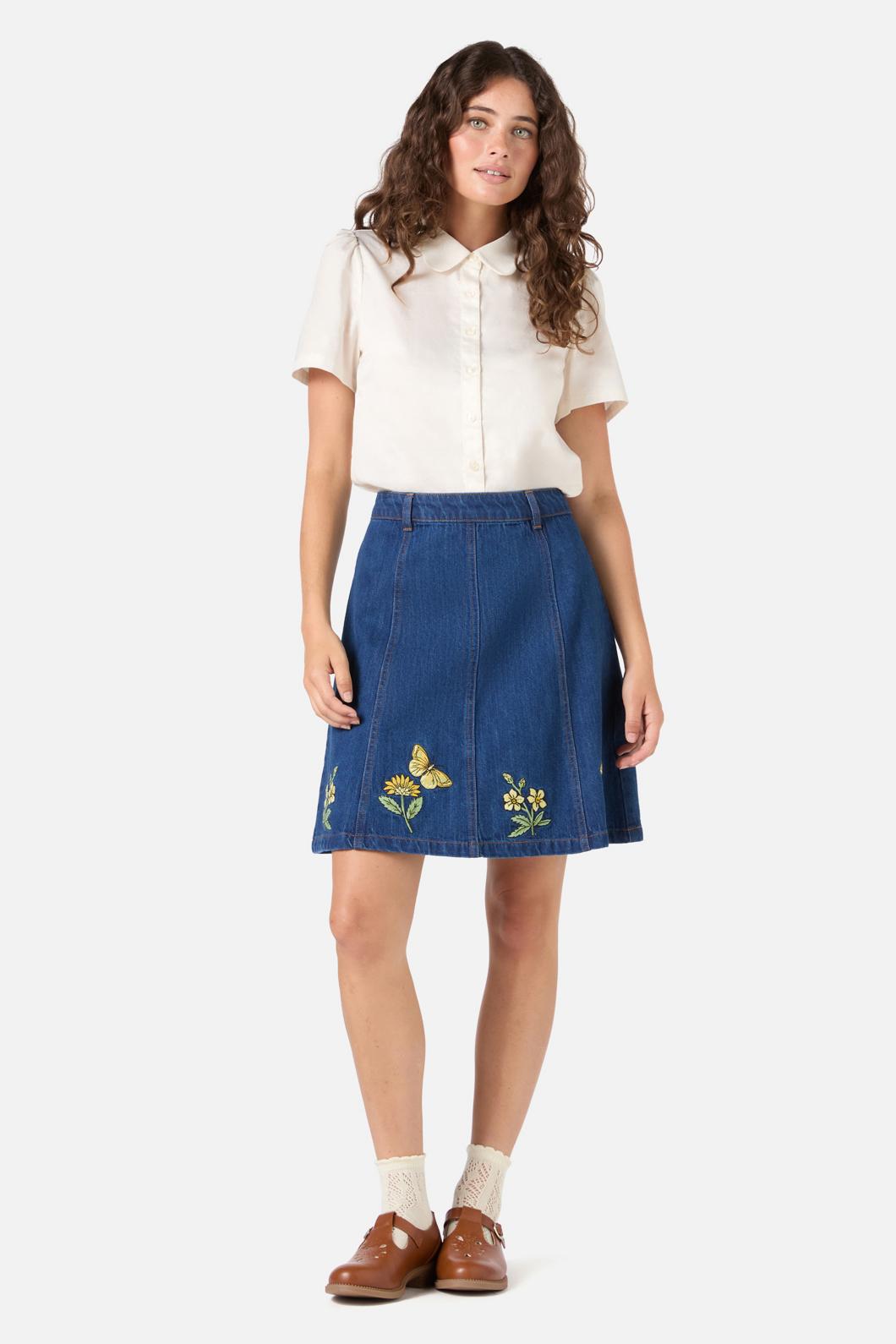 Princess Highway - Butterfly Embroidered Skirt - blue-denim