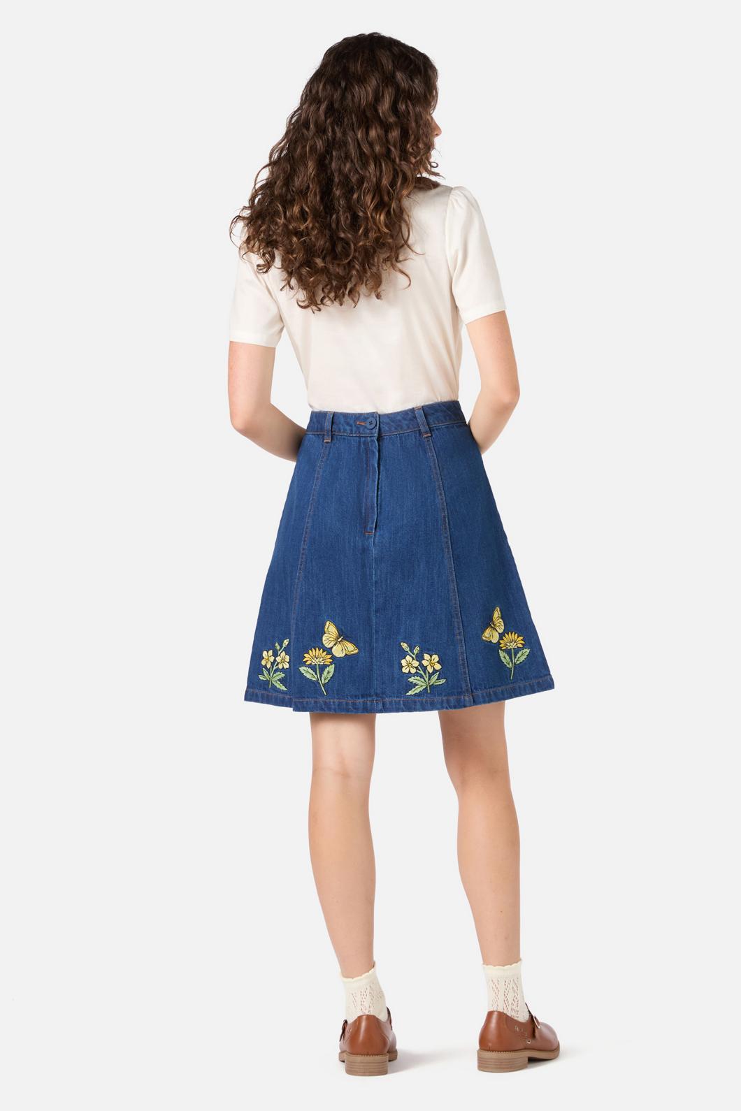 Princess Highway - Butterfly Embroidered Skirt - blue-denim