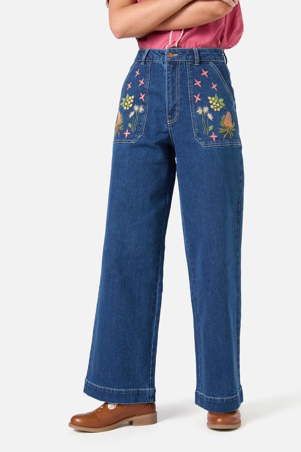 Princess Highway - Native Embroidered Denim Jean - blue-denim