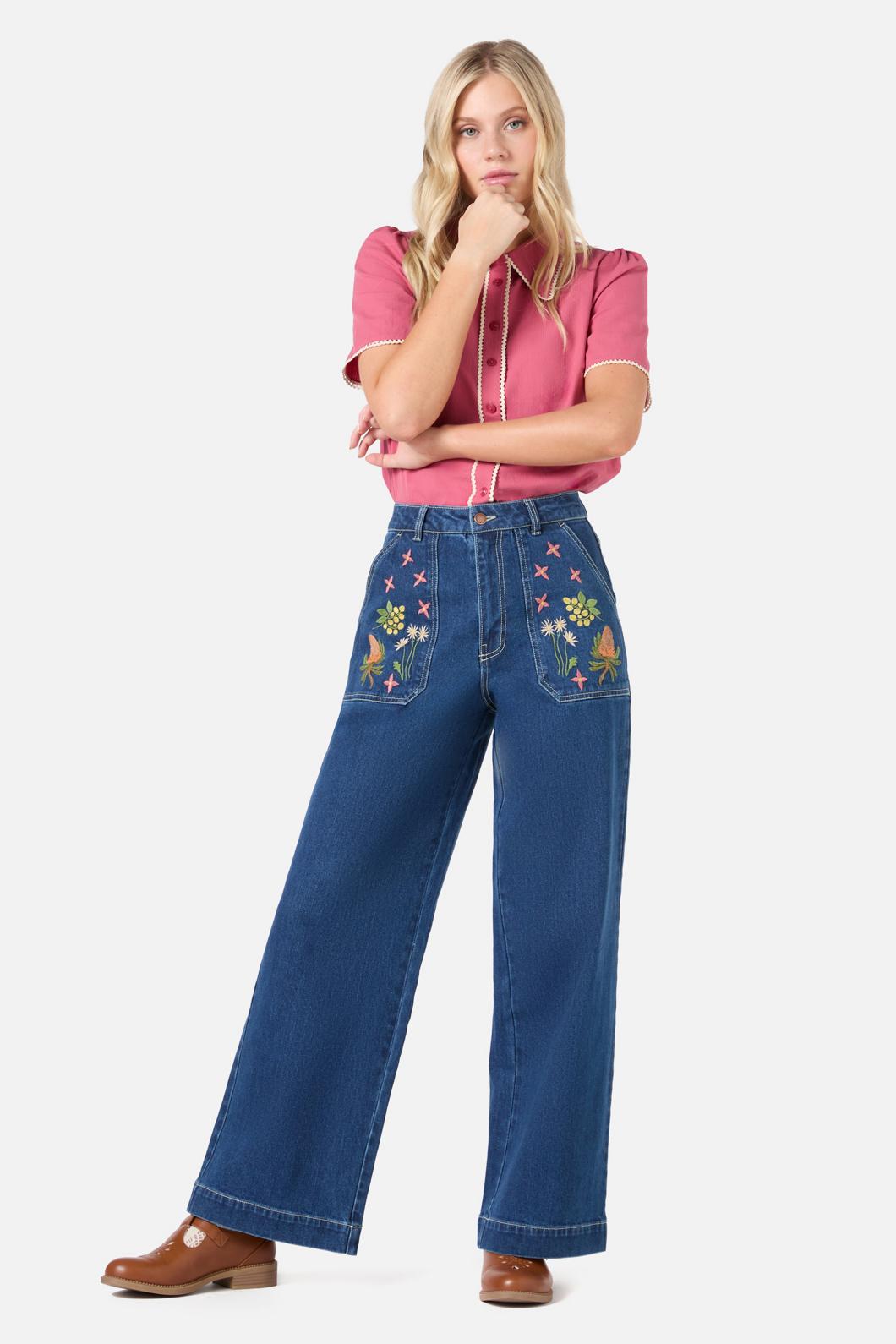 Princess Highway - Native Embroidered Denim Jean - blue-denim
