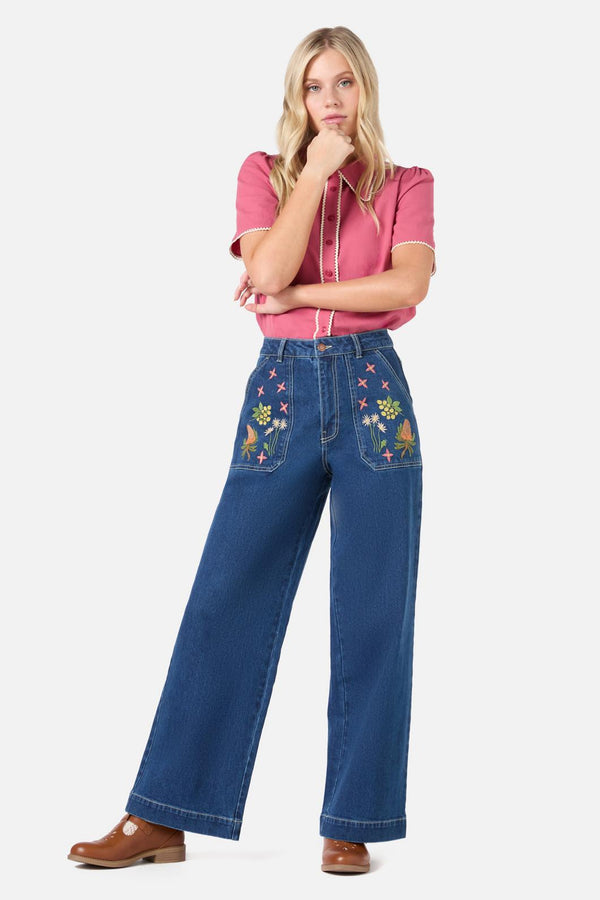 Princess Highway - Native Embroidered Denim Jean - blue-denim