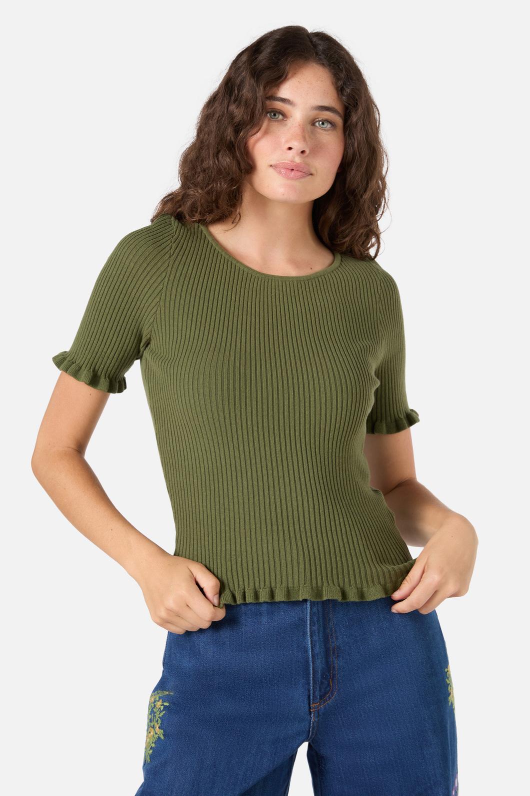 Princess Highway - Maya Ruffle Rib Knit Top - olive