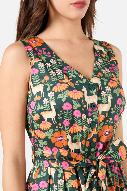 Princess Highway - Llama V Neck Sleeveless Dress - green