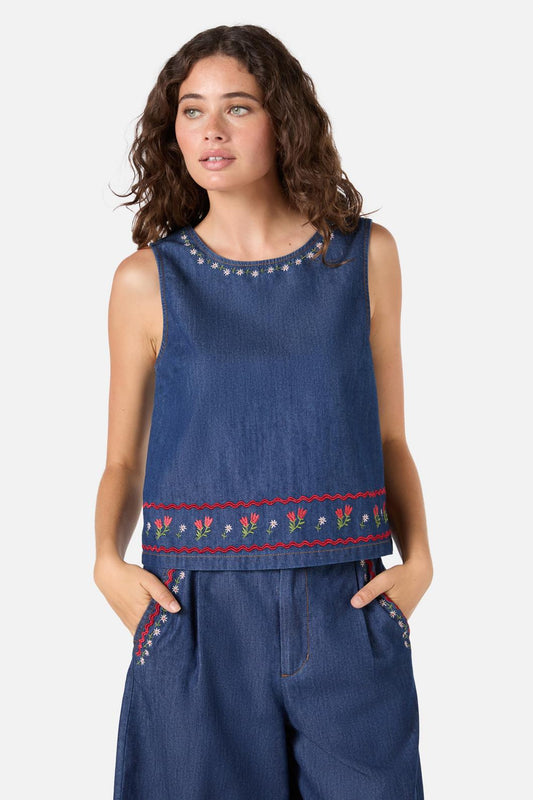 Princess Highway - Meadows Denim Emb Top - blue-denim