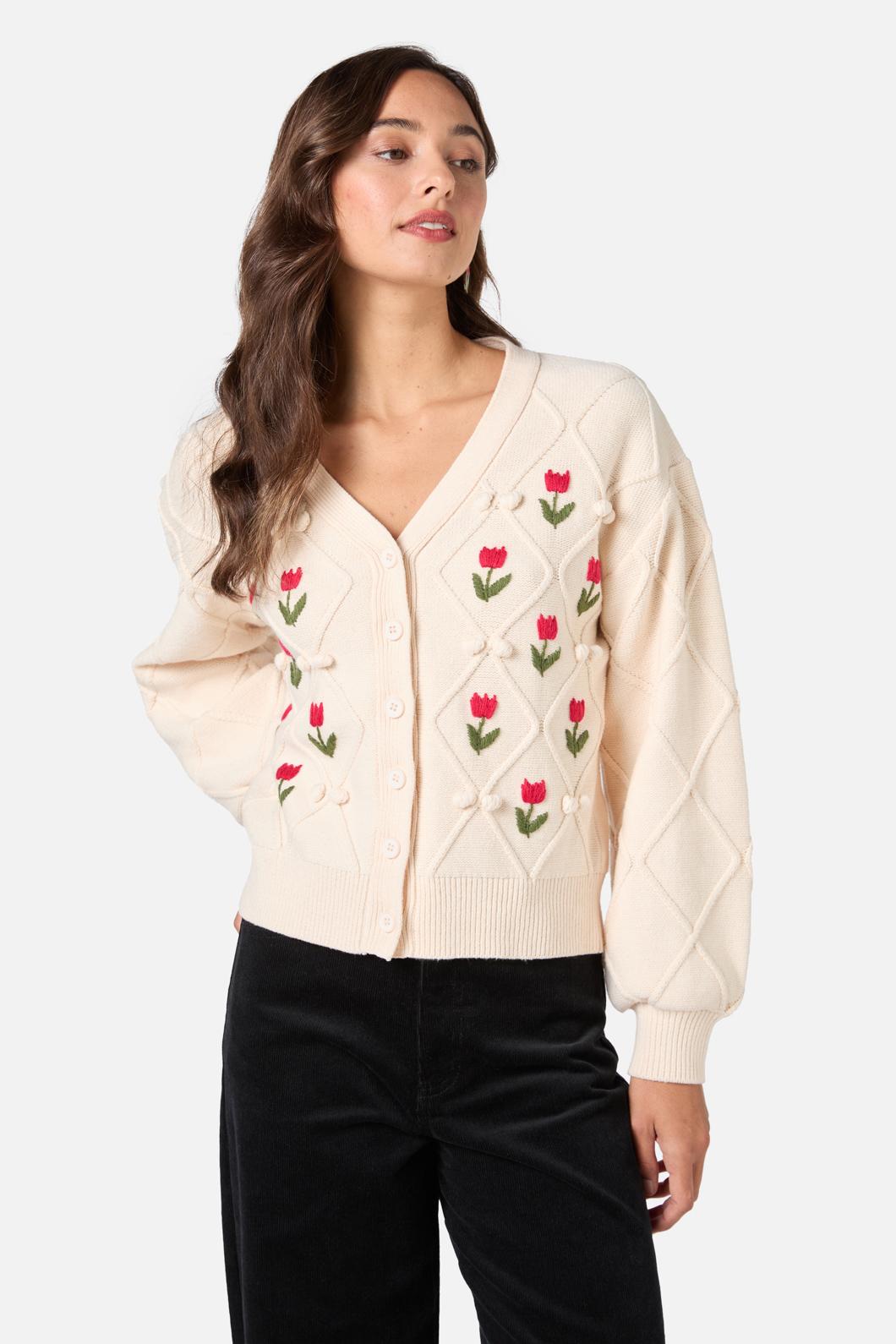 Princess Highway - Tulip Embroidered Cardigan - cream