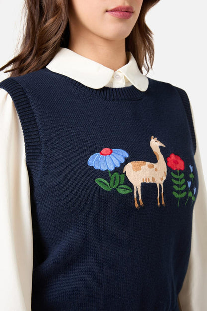 Princess Highway - Llama Embroidered Knit Vest - navy