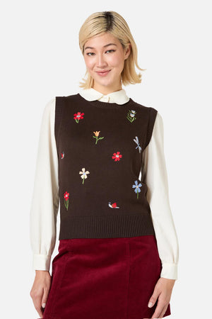 Princess Highway - Garden Embroidered Knit Vest - chocolate