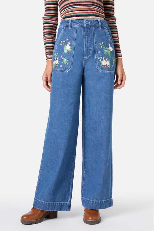 Princess Highway - Goose Embroidered Denim Jean - blue-denim