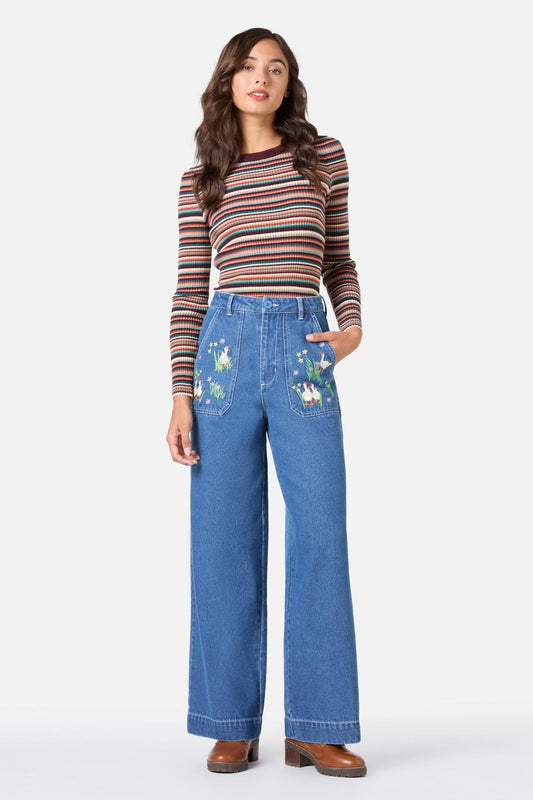 Princess Highway - Goose Embroidered Denim Jean - blue-denim