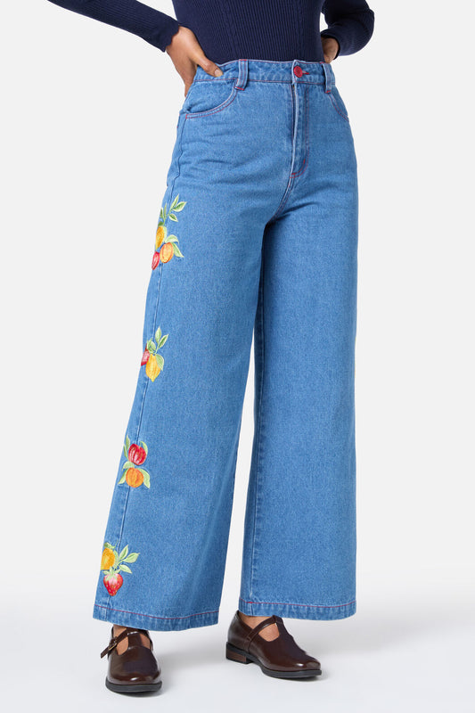 Princess Highway - Fruit Embroidered Denim Jean - blue-denim