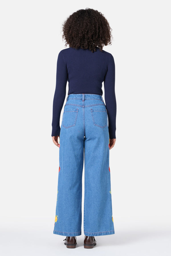 Princess Highway - Fruit Embroidered Denim Jean - blue-denim
