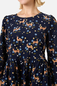 Princess Highway - Meadow Deer Cord Sleeved Dress - navy
