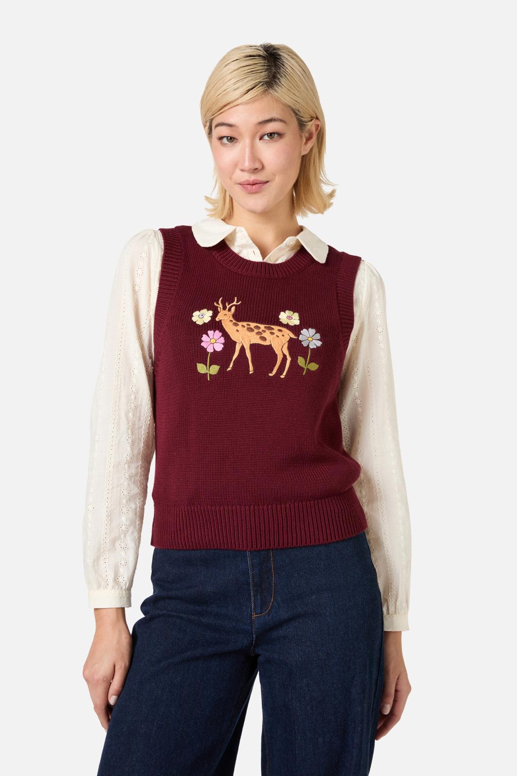 Princess Highway - Deer Embroidered Knit Vest - burgundy
