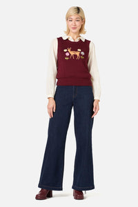 Princess Highway - Deer Embroidered Knit Vest - burgundy