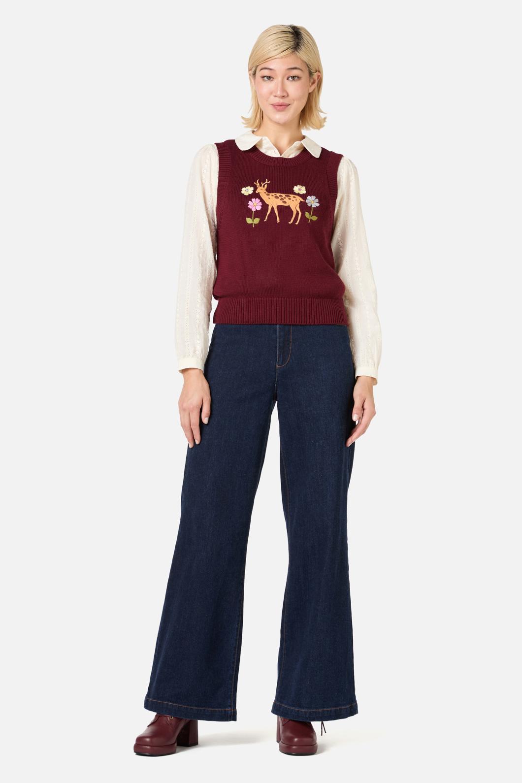 Princess Highway - Deer Embroidered Knit Vest - burgundy