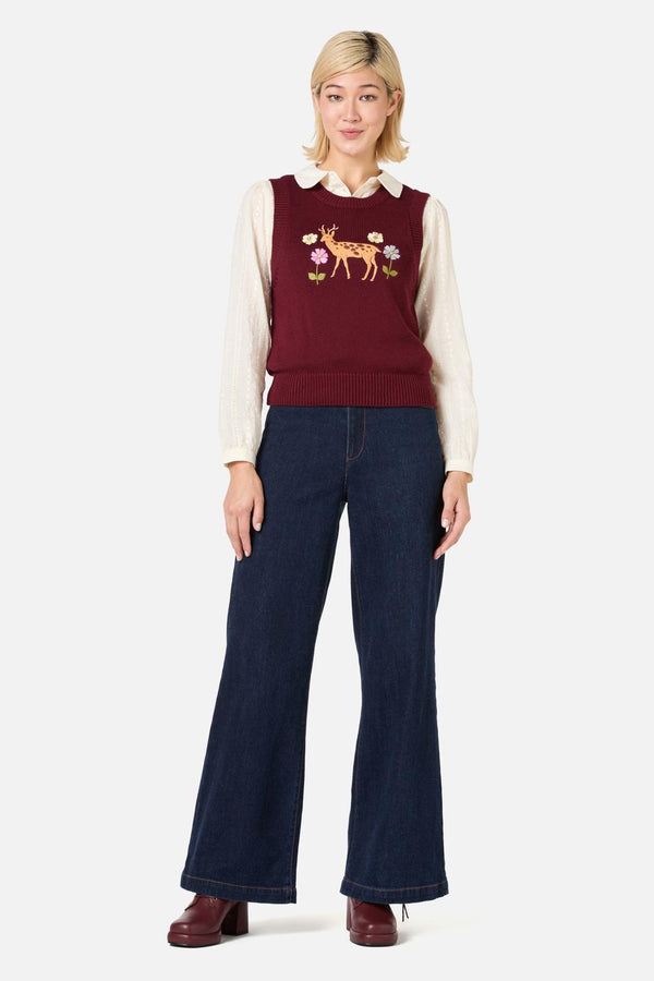 Princess Highway - Deer Embroidered Knit Vest - burgundy