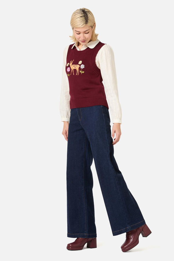 Princess Highway - Deer Embroidered Knit Vest - burgundy