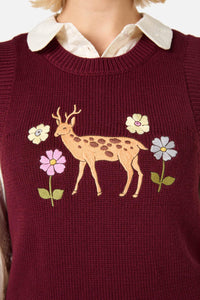Princess Highway - Deer Embroidered Knit Vest - burgundy