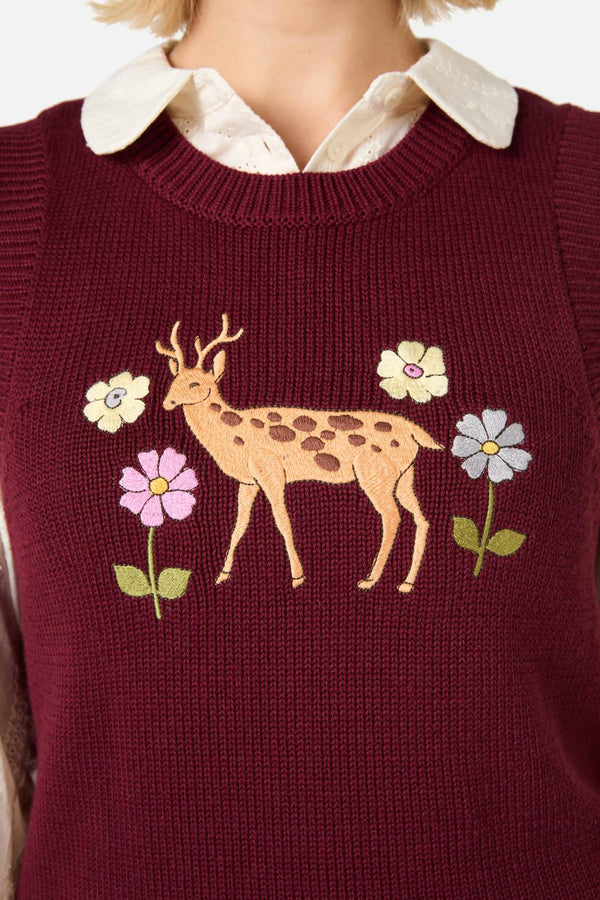 Princess Highway - Deer Embroidered Knit Vest - burgundy