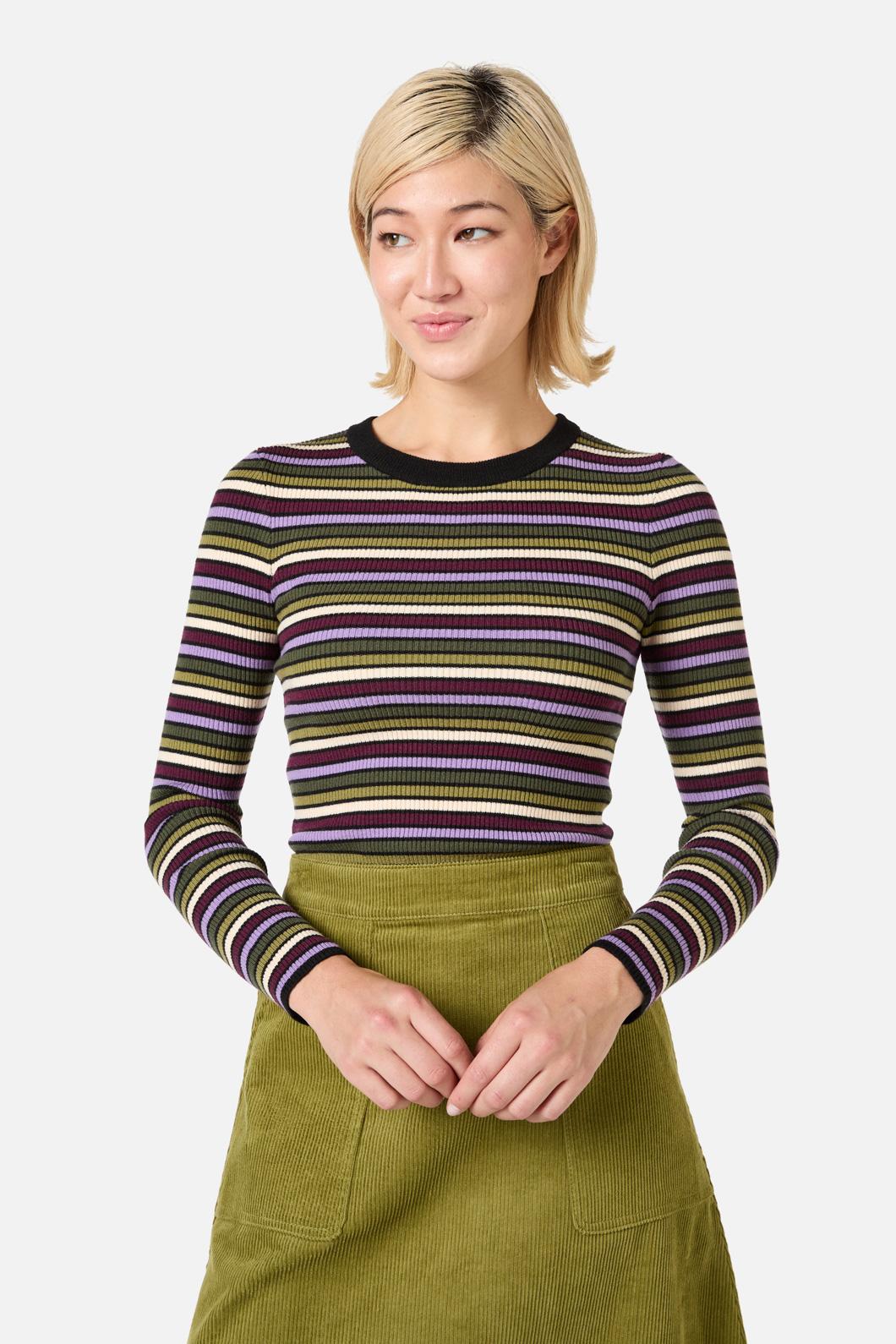 Princess Highway - Darcy Stripe Rib Knit Top - olive-purple