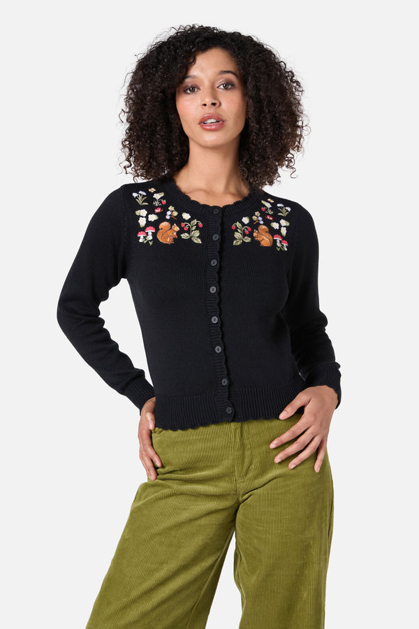 Princess Highway - Squirrel Embroidered Cardigan - black