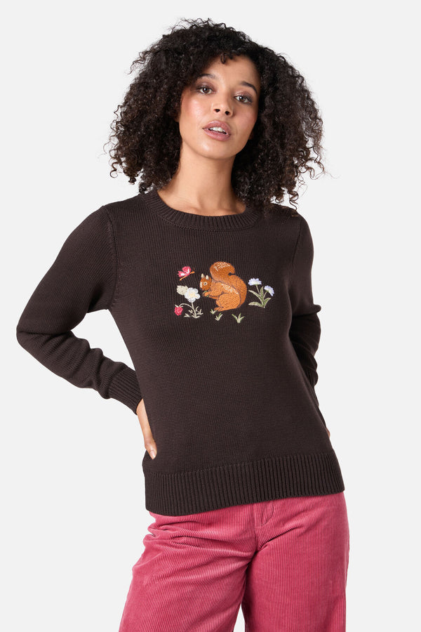 Princess Highway - Squirrel Embroidered Jumper - chocolate