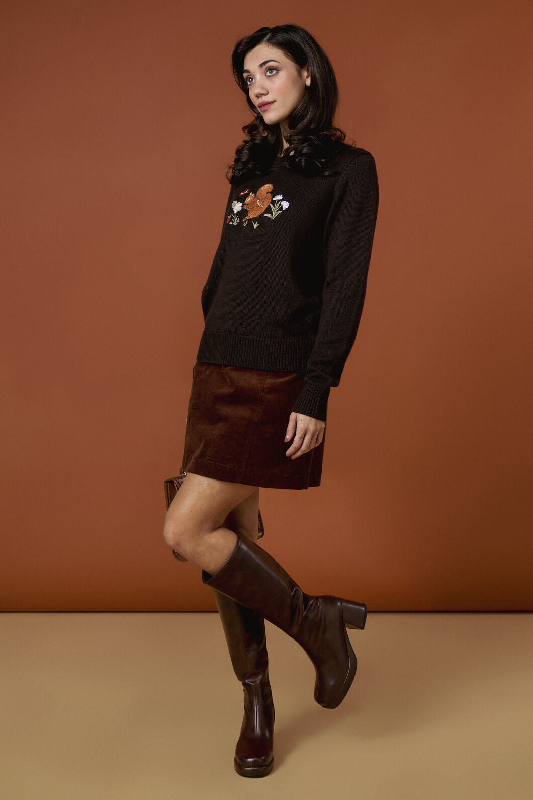 Princess Highway - Squirrel Embroidered Jumper - chocolate