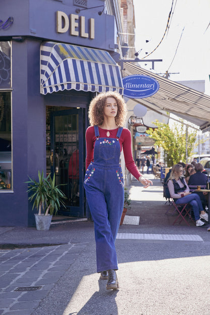 Princess Highway - Flower Bow Embroidered Overall - blue-denim
